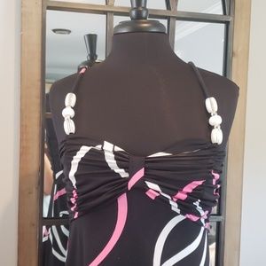 Black, White and Pink Swirl Maxi Dress w/ beads